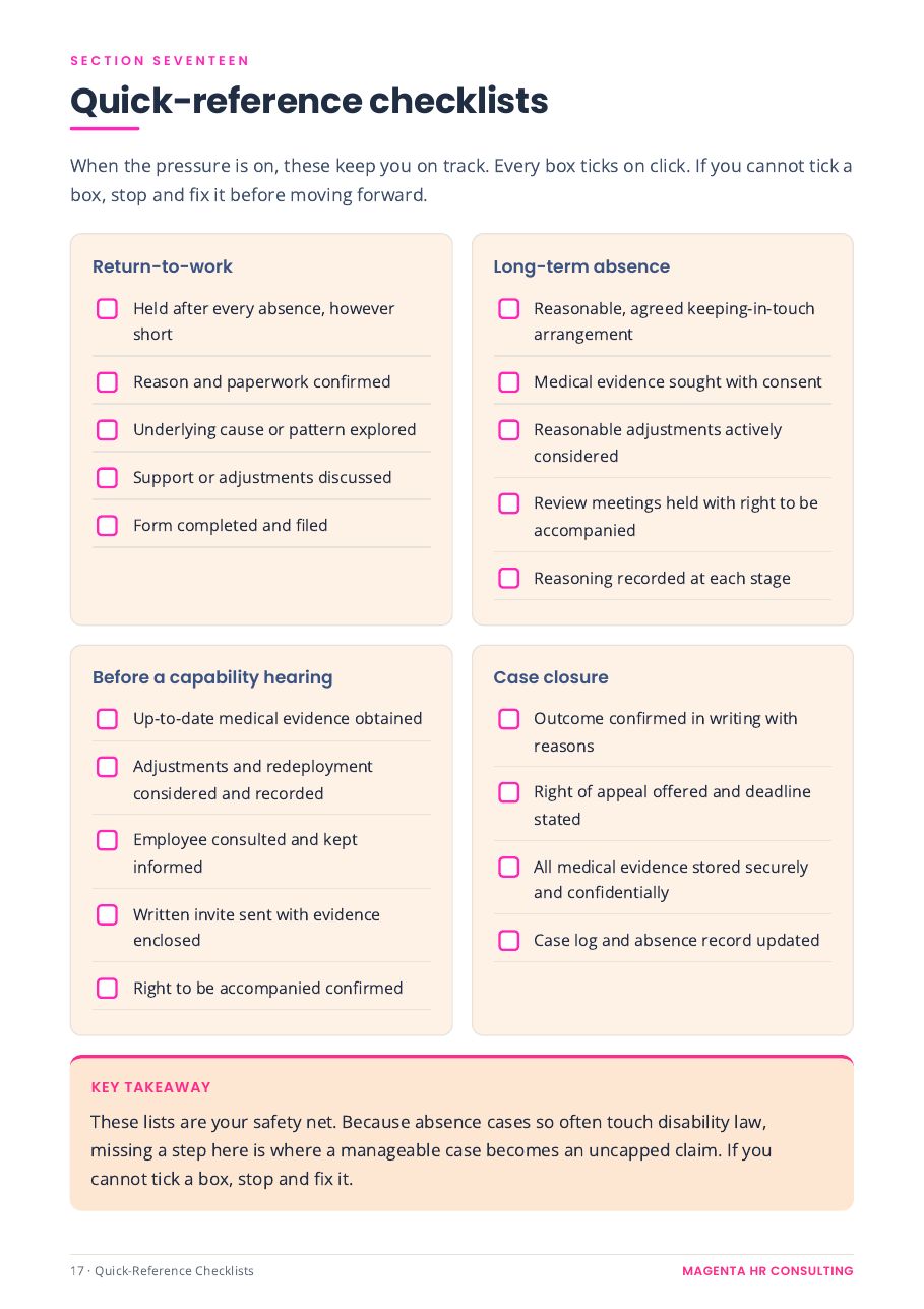The Tribunal-Proof Absence System sample page: A quick-reference checklist