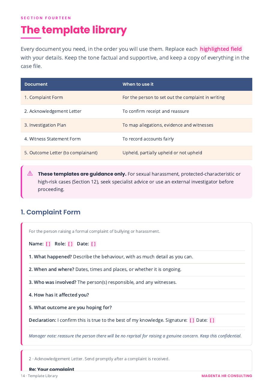 The Tribunal-Proof Bullying & Harassment System sample page: A ready-to-use template