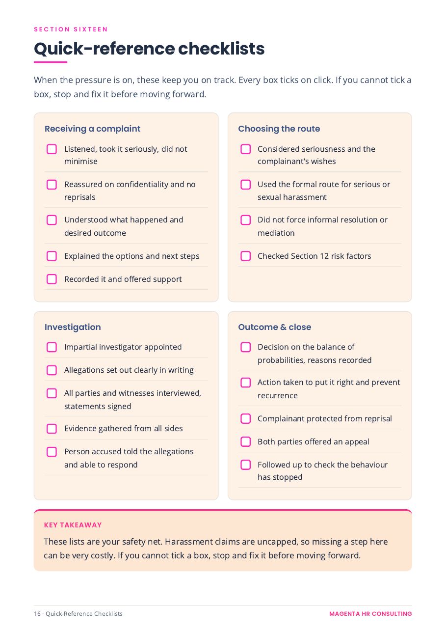 The Tribunal-Proof Bullying & Harassment System sample page: A quick-reference checklist