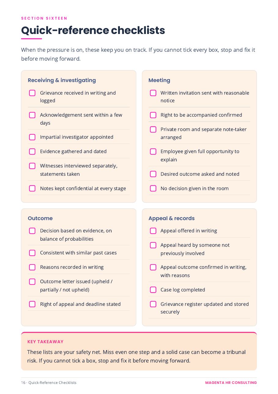 The Tribunal-Proof Grievance System sample page: A quick-reference checklist