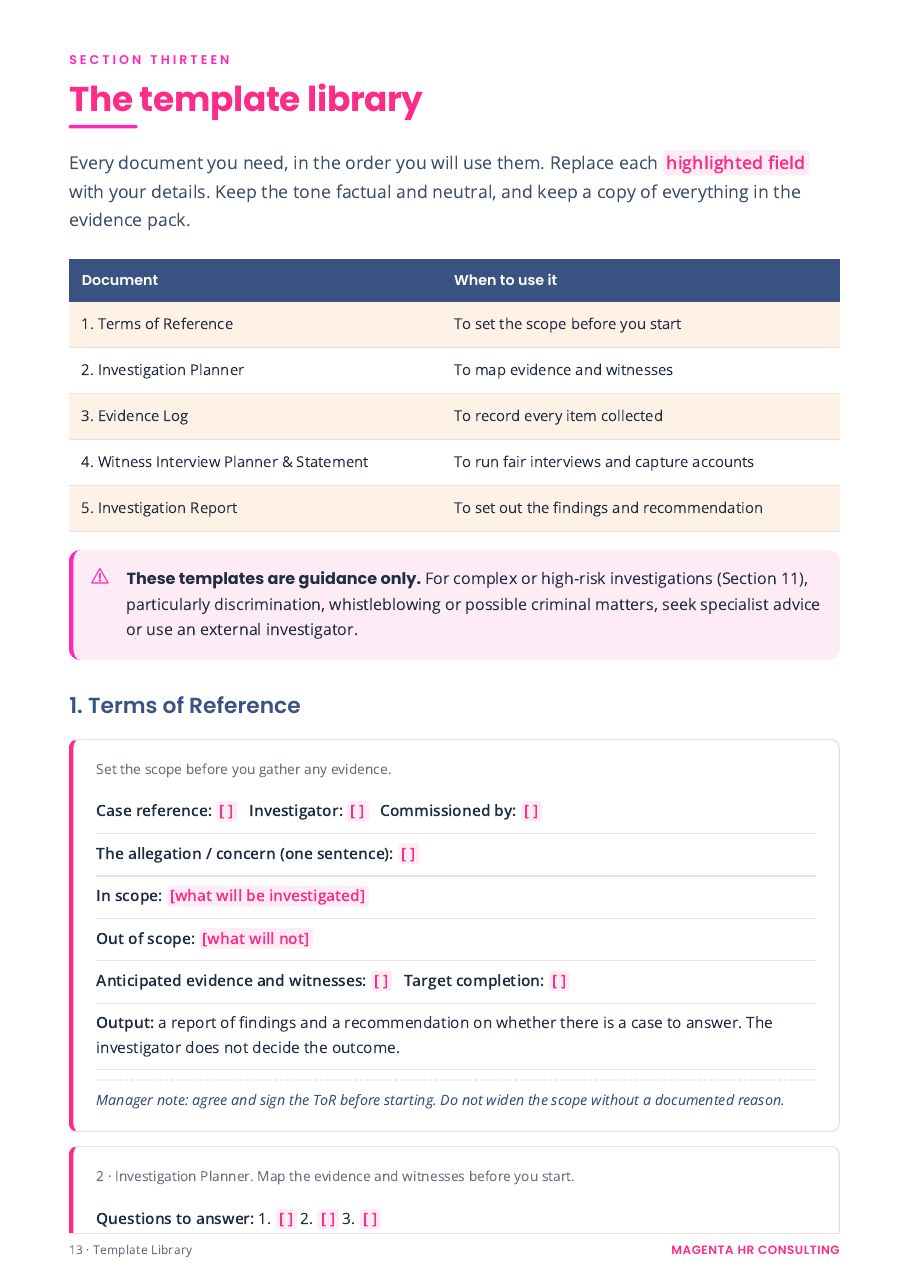 The Tribunal-Proof Investigation System sample page: A ready-to-use template