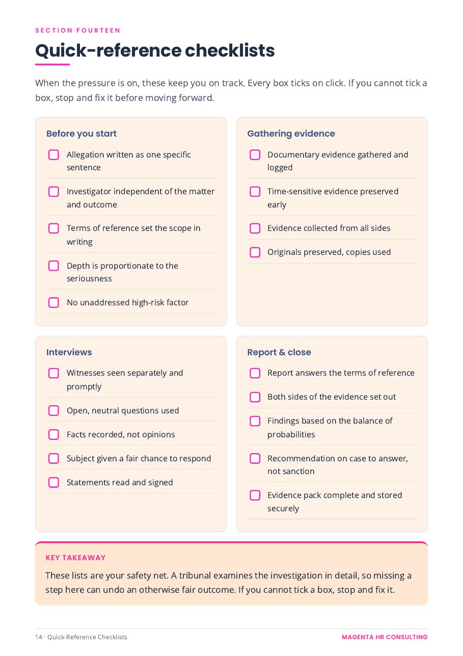 The Tribunal-Proof Investigation System sample page: A quick-reference checklist