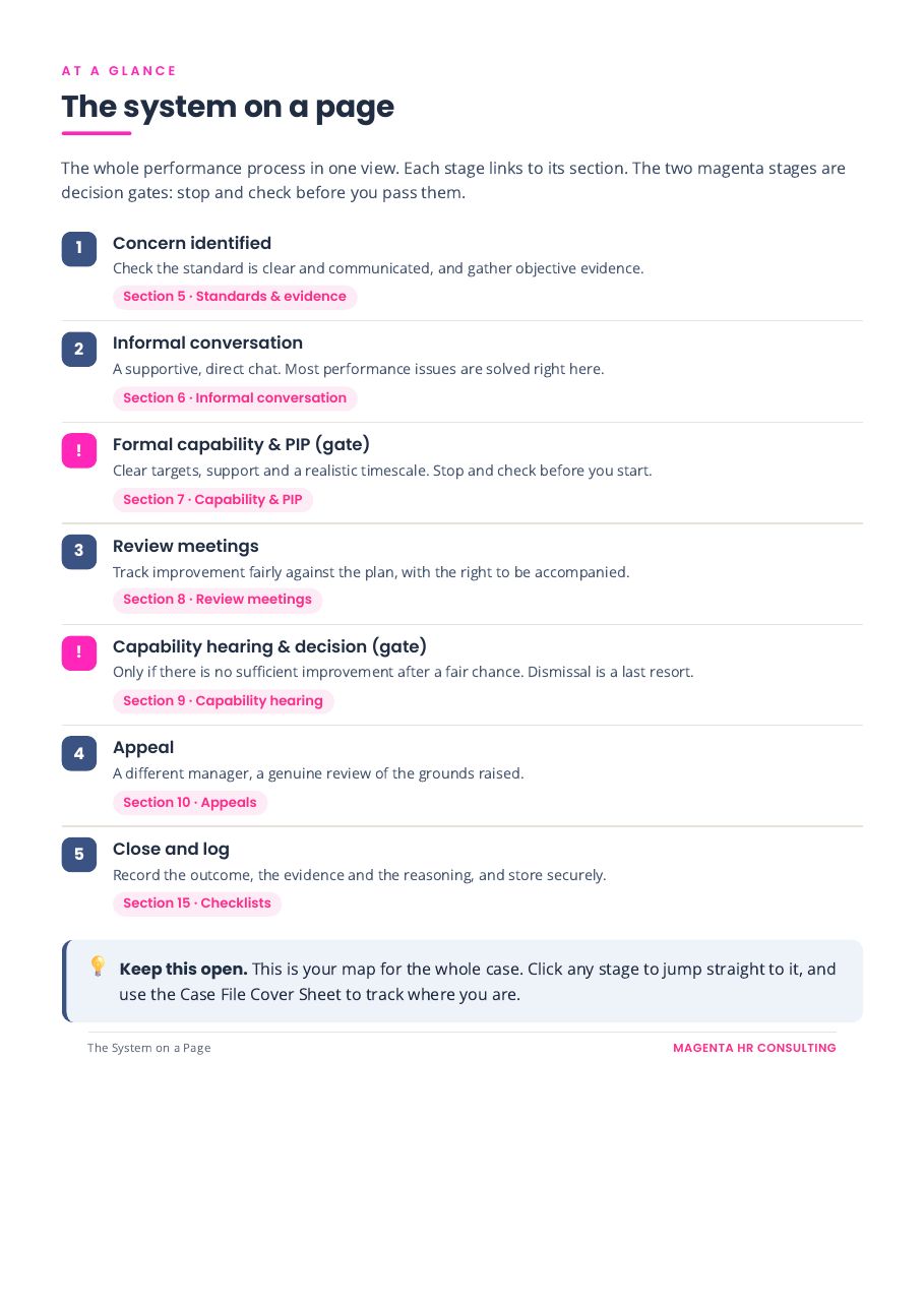 The Tribunal-Proof Performance System sample page: The system on a page