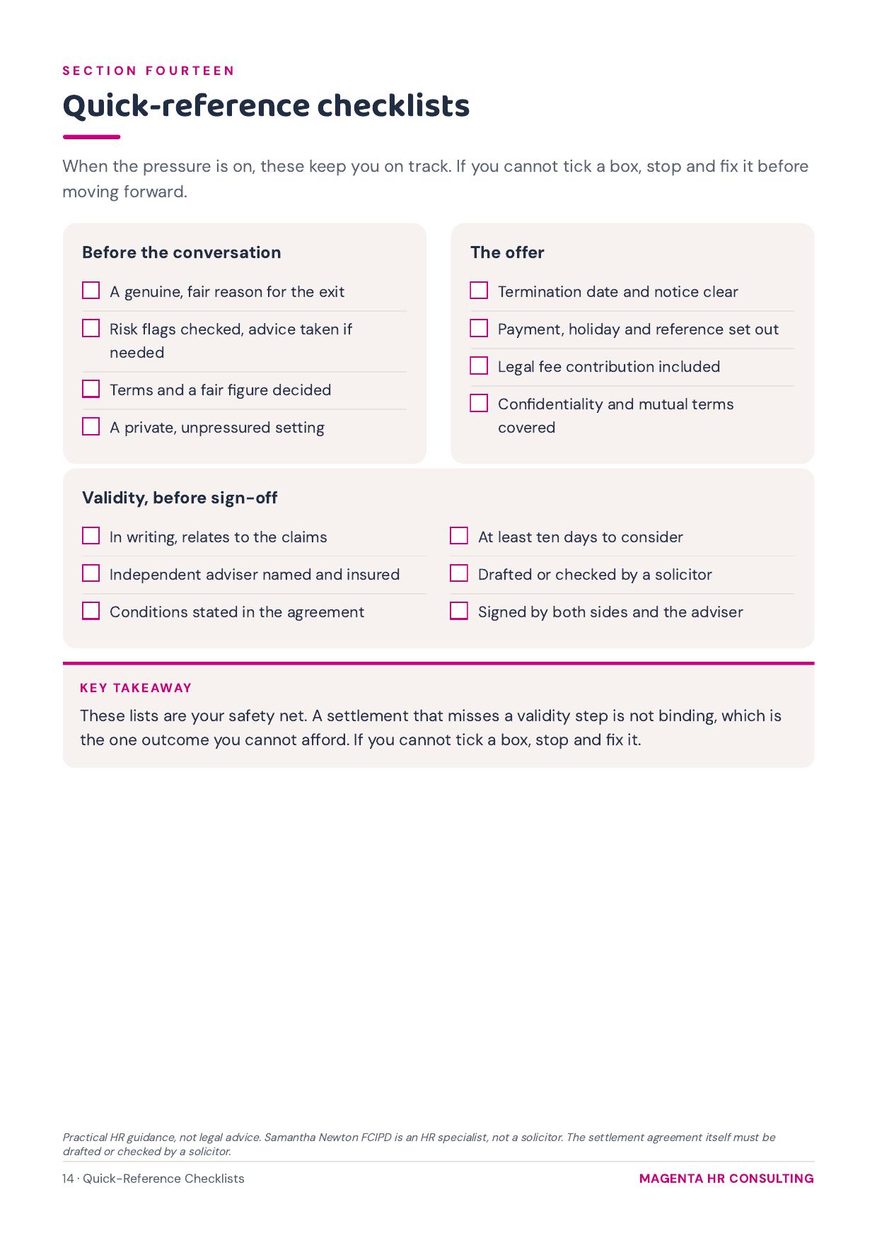 The Tribunal-Proof Settlement Agreement System sample page: A quick-reference checklist